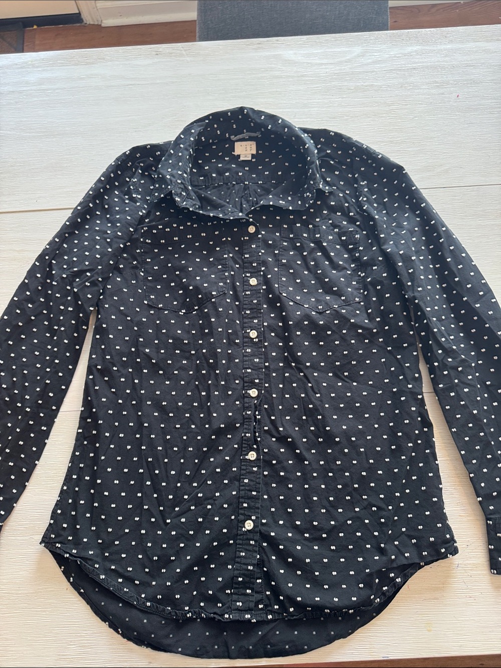 a new day Black Button-Down Shirt with White Dot Print